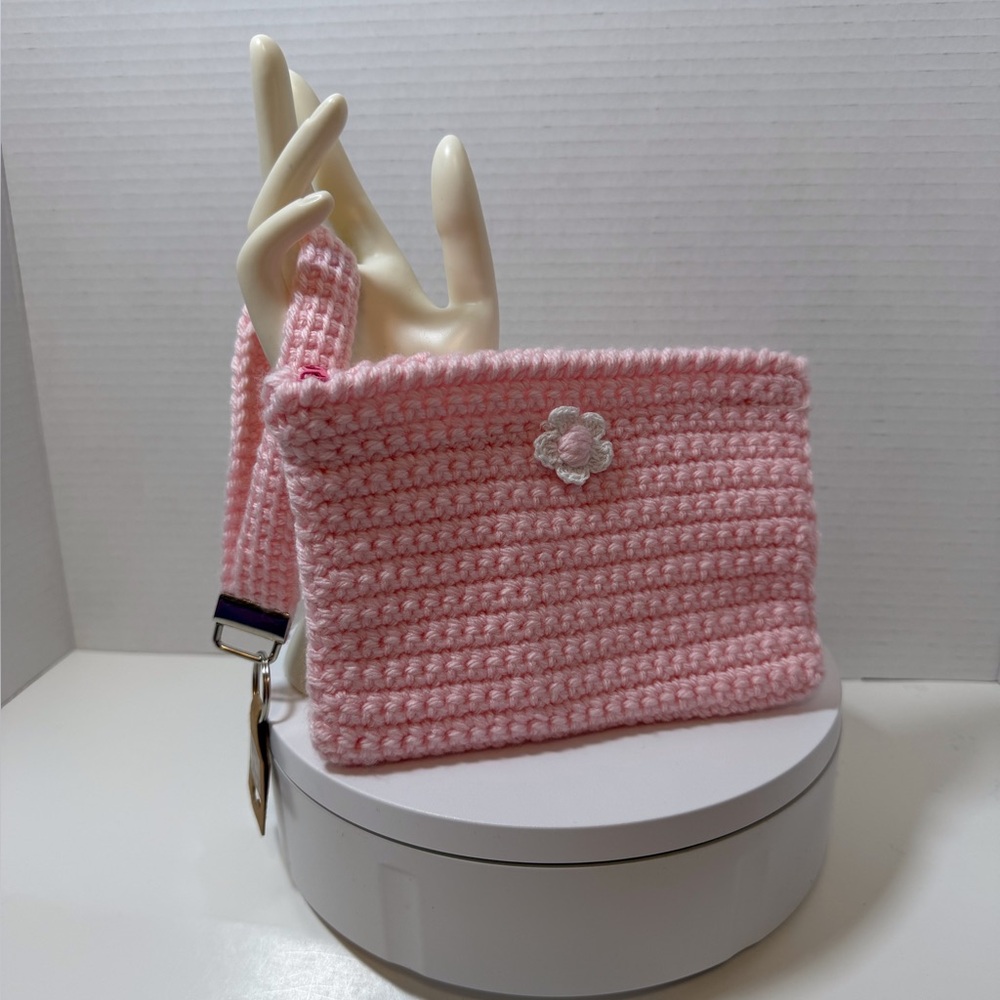 Pink Crochet Wristlet with Floral Detail